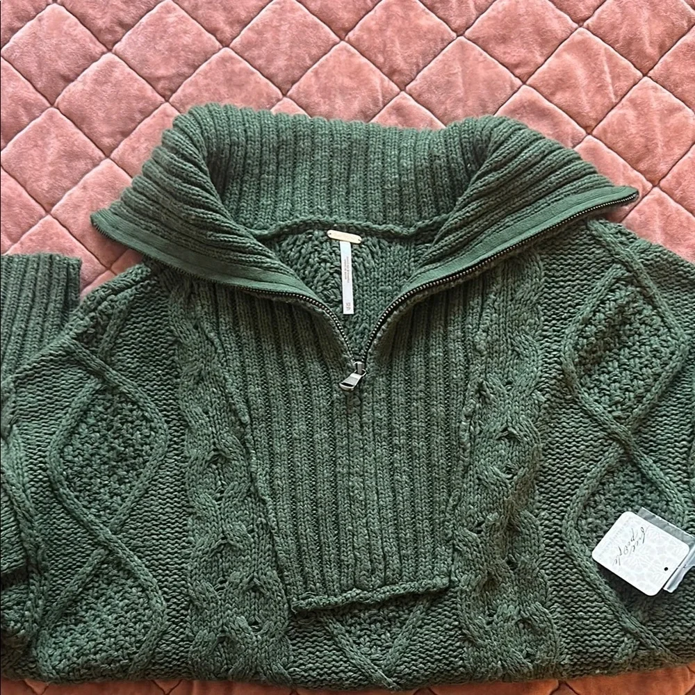 NEW Free People Green Cable Knit Zip Up Sweater